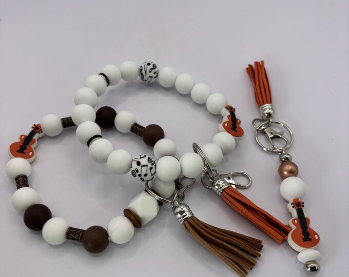 Music Guitar Theme Beaded Wristlet Keychain  | Keychain with Silicone and Guitar Focal | Keychain | Key Fob | Wristlet | Cruise