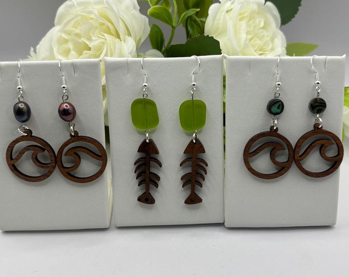 Walnut Wood Earrings | Fish Skeleton and Ovwqm Wave Earrings | Beach Earrings | Sterling Ear Wires | Pearl Abalone Seaglass Accents