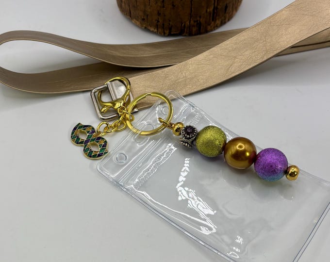 Gold Faux Leather Beaded Lanyard | Mardi Gras Theme | Mardi Gras Beads and Charm | Cruise Lanyard | Badge Sleeve