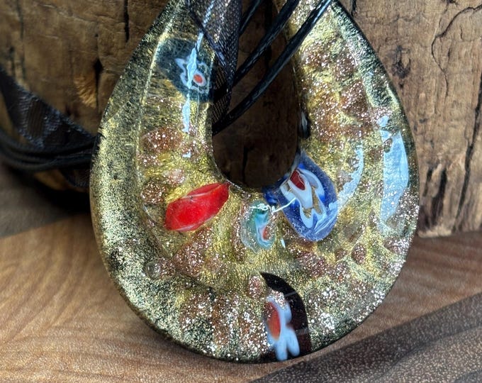 Millefiori Glass Tear Drop Necklace | Glass Pendant Necklace | MilleFiori Jewelry | Glass Teardrop Pendant | Necklace With Cord