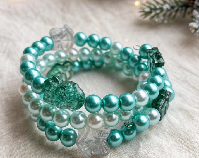 Teal Lampwork Glass Christmas Bracelet:  Holiday  Jewelry | Multi strand Bracelet | Glass Pearls