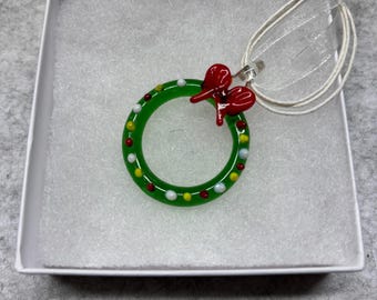 Green  Murano Inspired Glass Wreath | Glass Pendant  Necklace | Lampwork Glass |  Christmas Pendant | Holiday pendant | Lampwork Wreath