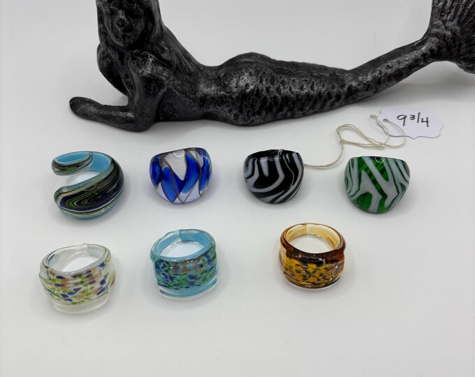 Size 9 3/4 Blue Murano Inspired Glass Ring | Statement Ring | Wrap Around  |