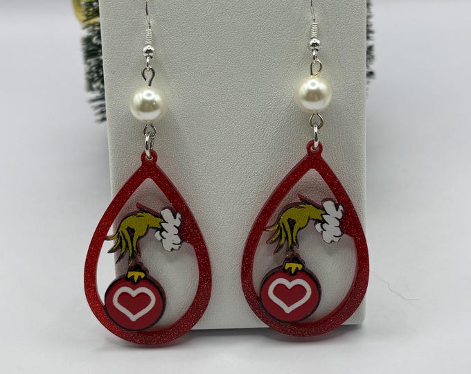 Christmas A Grinch Pair of Earrings | Holiday Earrings | Christmas Earrings | Pearl Accent | Sterling Silver Ear Wires