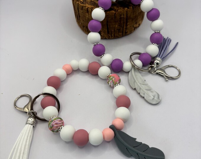 Feather Beaded Wristlet Keychain  | Keychain with Silicone and tassel | Keychain | Key Fob | Wristlet |