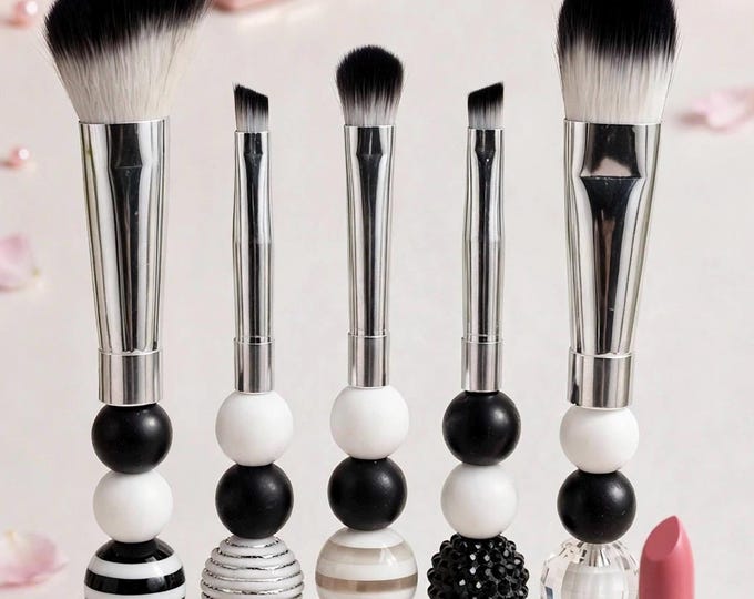 Makeup Brushes Set of 5 | Girly Theme | Beaded Makeup Brushes | Gift Set | Black and White
