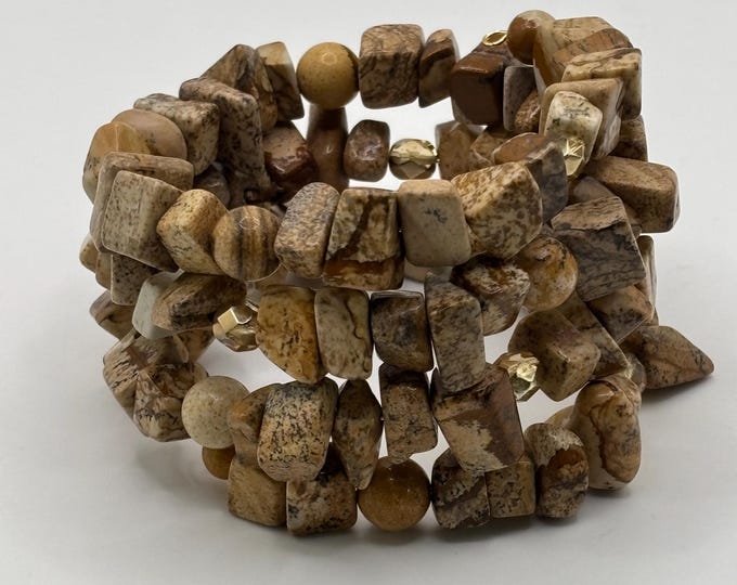 Picture Jasper Gemstone Bracelet | Statement Wrap Bracelet  | Memory wire bracelet | Multistrand bracelet  | Jasper Bracelet