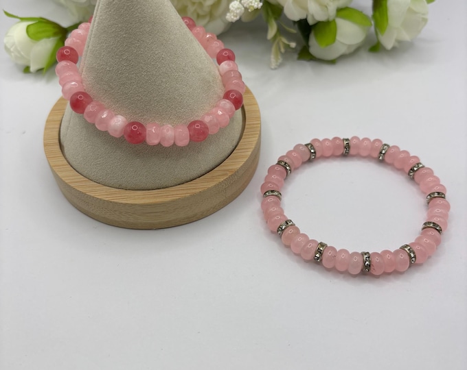 Pink Quartz Gemstones | Gemstone bracelet | Stretch Bracelet | Rhinestones |