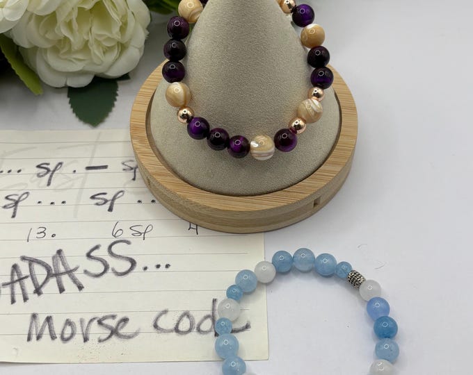 Aquamarine and Purple Tiger Eye Gemstone Bracelets | Stretch Bracelet | Morse Code bracelet | Badass | 7 inch Bracelets