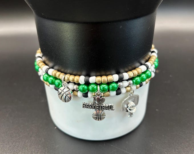 Basketball Stanley Tumbler Bracelet: Boston Celtics Team Colors, Charm Accessories - Set of 3