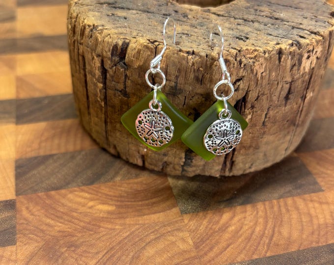 Green Seaglass Earrings | Olive Green Seaglass | Seaglass Earrings with Charm | Sand Dollar Charm