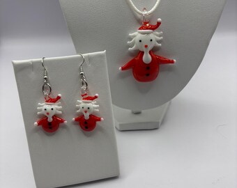 Murano Inspired Glass Santa  | Glass Pendant and Earrings  | Lampwork Glass |  Christmas Pendant | Holiday pendant | Santa Set