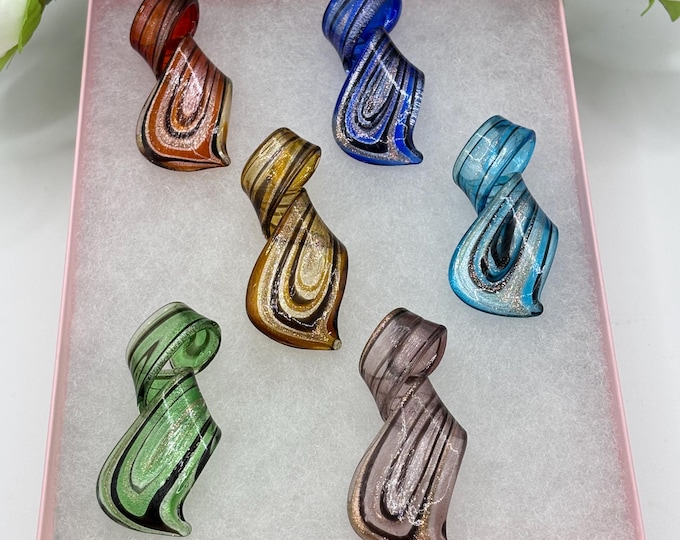 A Gift Set of 6 Murano Inspired Ribbon Pendants | Lampwork Pendant | Spiral Pendant | Gold sand  | Interchangeable With Black & white Cords