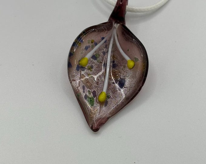 Purple Leaf Murano Inspired Pendant Necklace  | Glass Leaf Pendant | Lampwork Pendant | Necklace With Cord