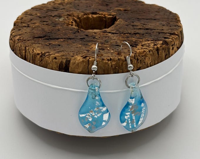 Blue and Silver  Leaf Drop Earrings |  Murano Inspired Lamp Work  |  Colorful Glass Earrings