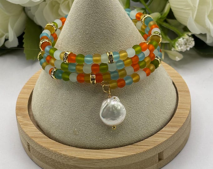 5 Colors of  Seaglass  Bracelet | Memory Wire Bracelet | Seaglass Jewelry | Beach Glass Bracelet | 4mm Rounds |  Freshwater Pearl Charm