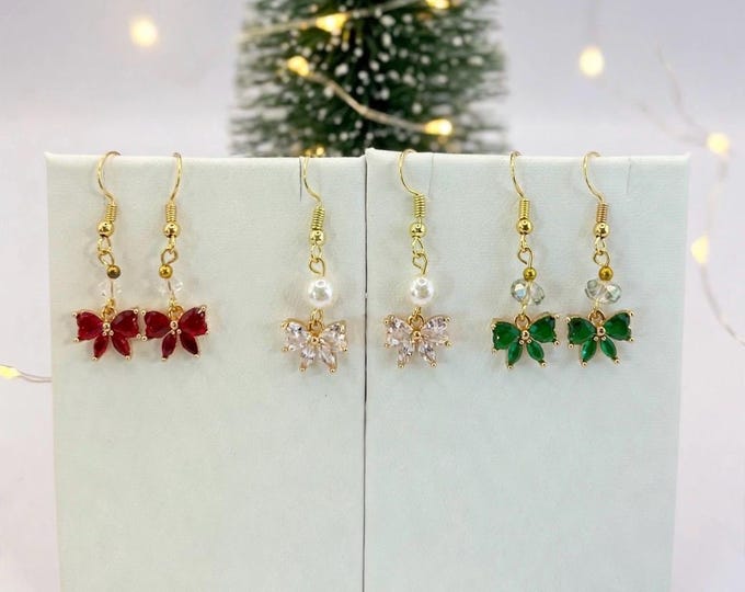 Crystal Red or Green Bow Earrings | Holiday Earrings |  Austrian Crystals  | Crystal Rhinestone Bows | Christmas Earrings |