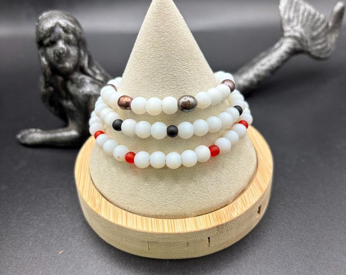 White Seaglass Bracelet | Copper Freshwater Pearls | Red or Black Seaglass Bracelet | 6 mm beads