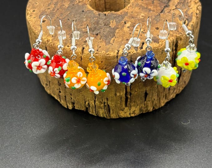 Lampwork Flower and Swarovski Crystal Earrings |  Murano Inspired Lamp Work  |  Flower Glass Earrings | Sterling Silver