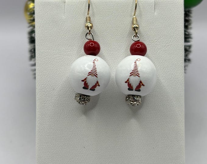 Gnome Wooden Earrings | Holiday Earrings |  Gemstone Accent | Christmas Earrings |