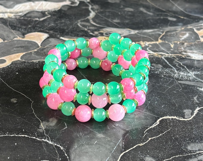 Jade bracelet | Memory wire bracelet | Multistrand bracelet | Pink and Green Jade  gemstones |