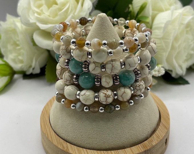 Amazonite White Howlite and Agate Gemstone Bracelet | Statement Wrap Bracelet  | Memory wire bracelet | Multistrand bracelet  |