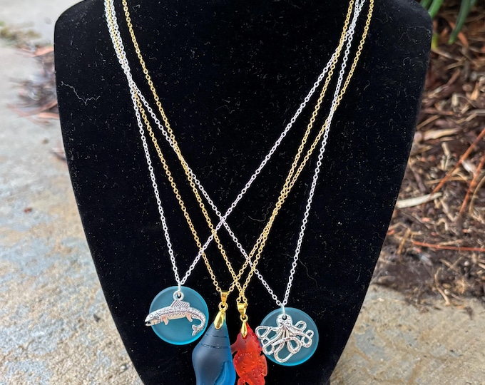 Seaglass Necklaces | Blue Green Orange Seaglass | Seaglass Necklace with Charm | Seaglass Shell | Seaglass Seahorse