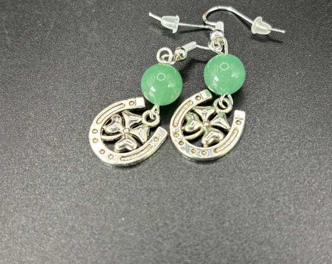 Horseshoe Lucky Aventurine Earrings  on Silver Ear Wires  |  Gemstone Earrings | Clover Earrings