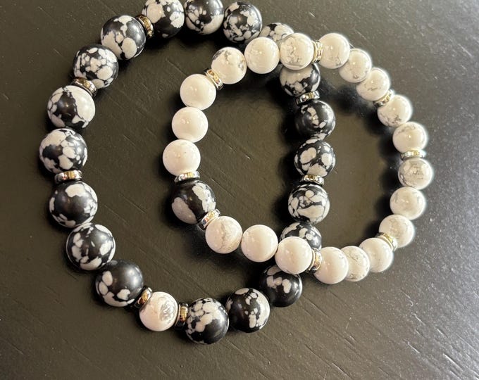 Obsidian Couples Bracelets | His and Hers | Snowflake Obsidian  | White Howlite | Stretch Bracelet | Mens and Ladies  | Matching Bracelets
