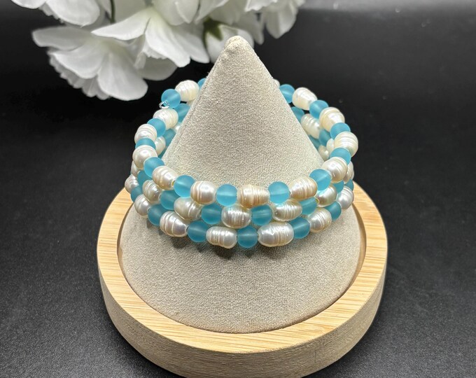 Blue Turquoise Seaglass and  Freshwater Pearls Memory Wire Bracelet | Seaglass Jewelry | Beach Glass Bracelet | Something Blue Bracelet