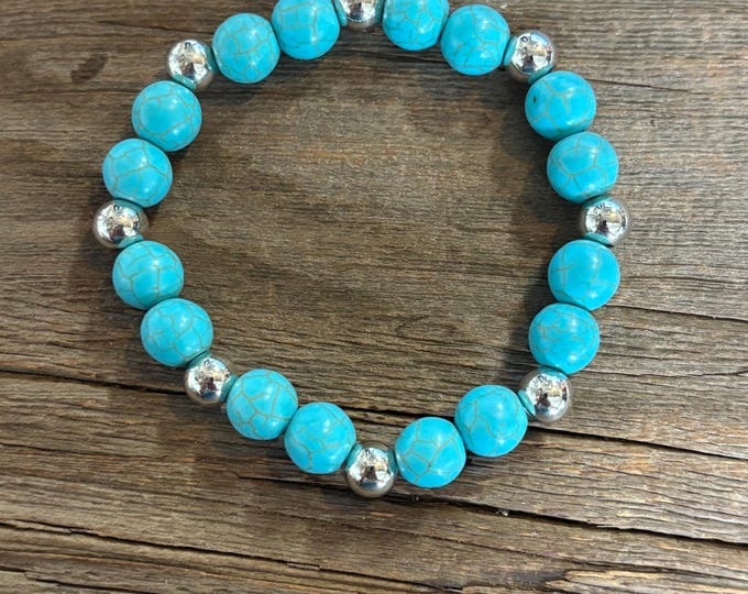 Turquoise Gemstones | Silver Accent Beads | Stretch Bracelet | Mens or Ladies Bracelet