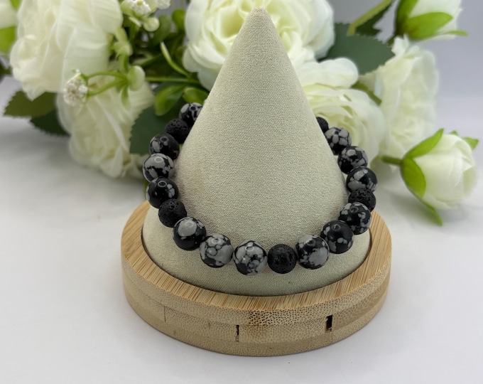 Snowflake Obsidian and Lava Rock Gemstones Beaded Bracelet |  8 1/4 inch Stretch bracelet | Unisex Bracelet