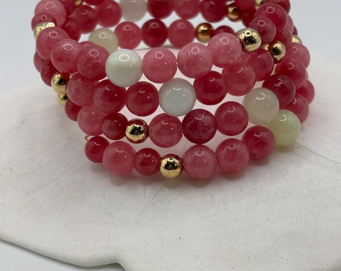 Pink Jade and Morganite  Gemstone Bracelet | Memory wire bracelet | Multistrand bracelet | Pink Jade Gemstones | Morganite | Valentine’s Day