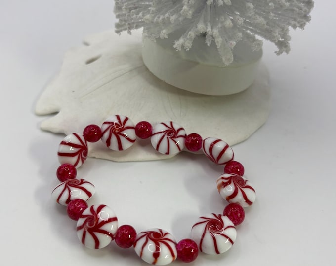 Lampwork Glass Christmas Bracelet:  Holiday  Jewelry Stretch Bracelet | Peppermint Candy Bracelet 8”