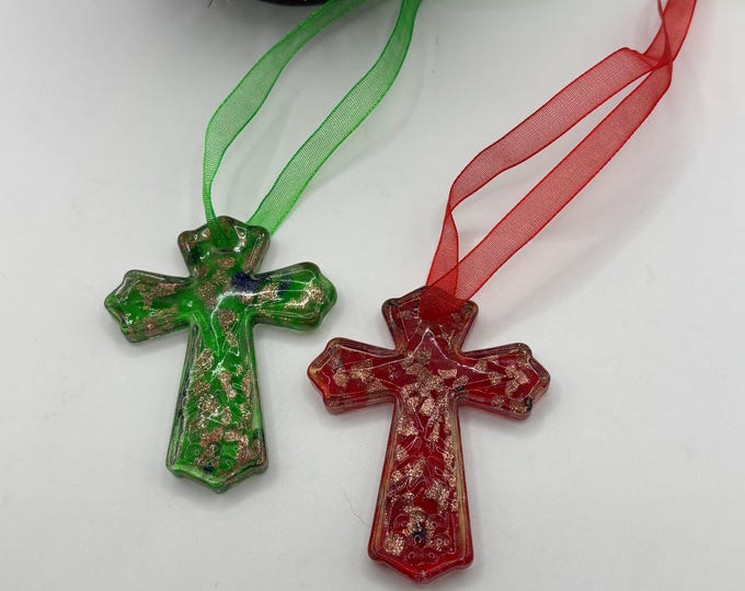 Murano Inspired Cross Ornaments | Lampwork Ornament  | Red and Green Cross Ornament  |  Christmas Ornament | Cross Tree Ornament