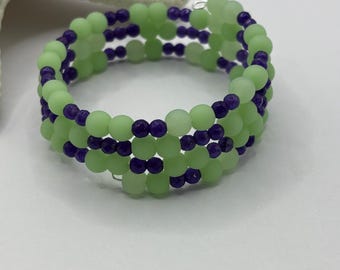 Amethyst and Green Seaglass Bracelet | Memory Wire Bracelet | Multi-Strand Bracelet | Amethyst Gemstones | Green Beach Glass