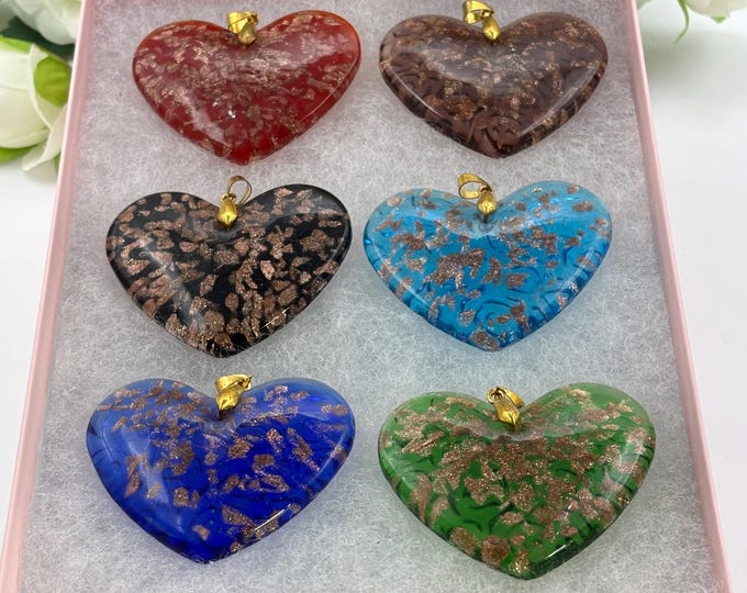 A Gift Set of 6 Murano Inspired Heart Pendants | Lampwork Pendant | Glass Heart Pendants  | Interchangeable With Black & white Cords