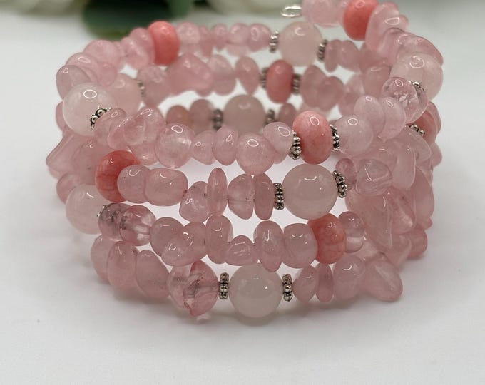 Pink Quartz and Rhodonite Gemstone bracelet | Memory wire bracelet | Multistrand bracelet | Pink  gemstones | Abacus Rondelles