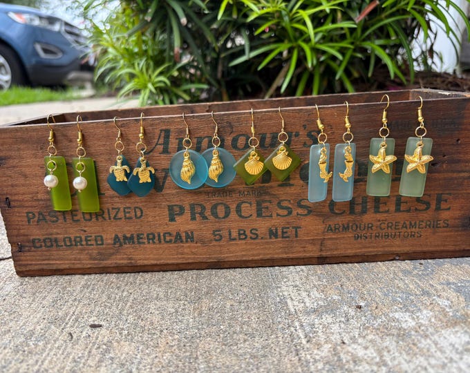 Seaglass Earrings | Blue and Green Seaglass | Seaglass Earrings with Charm |