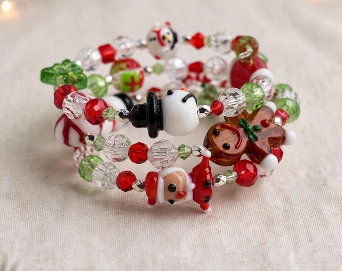 A Christmas Bracelet | Lampwork Glass Statement Bracelet:  Holiday Cuff Bracelet |  Multi Strand Bracelet | Memory Wire Bracelet |