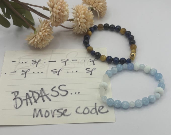 Aquamarine Gemstone Bracelet | Tiger Eye Gemstone bracelet | Stretch Bracelet | Morse Code bracelet | Badass |