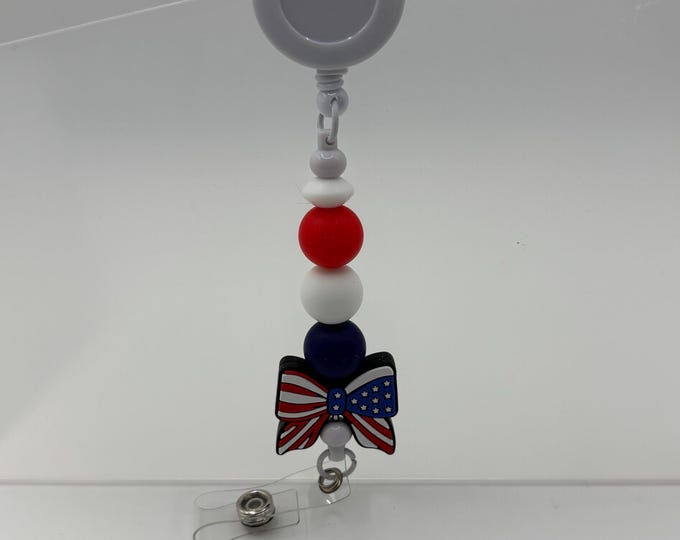 Badge Reels Beaded  | Retractable Badge Holder | Silicone Beads | USA | Red White Blue