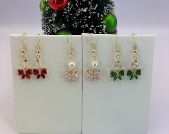 Crystal Red or Green Bow Earrings | Holiday Earrings |  Austrian Crystals  | Crystal Rhinestone Bows | Christmas Earrings |
