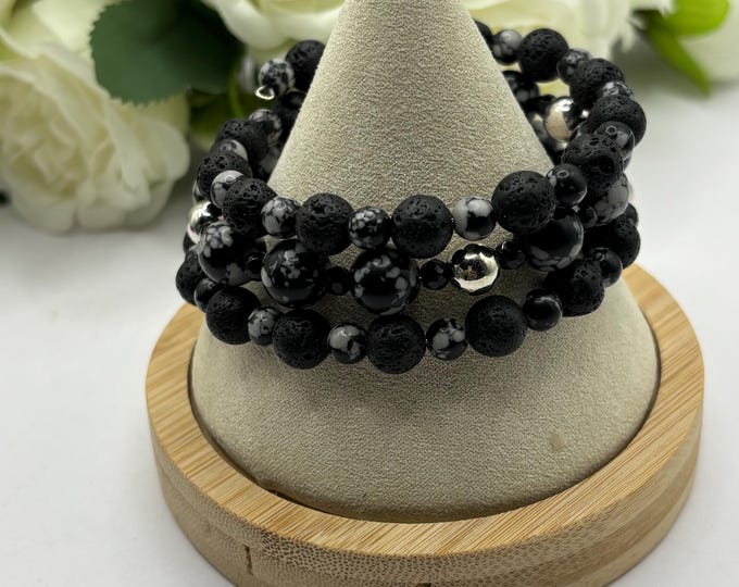 Black Lava Rock Bracelet | Snowflake Obsidian | Memory wire bracelet | Multistrand bracelet  | Diffuser Bracelet