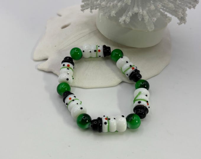Lampwork Glass Christmas Bracelet:  Holiday  Jewelry Stretch Bracelet | Snowman Bracelet 7 1/2