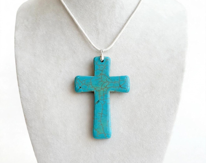Turquoise Cross Gemstone Pendant Necklace | Gemstone Cross | Statement Pendant |