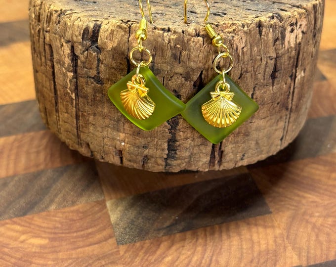 Green Seaglass Earrings | Green Seaglass | Seaglass Earrings with shell Charm |