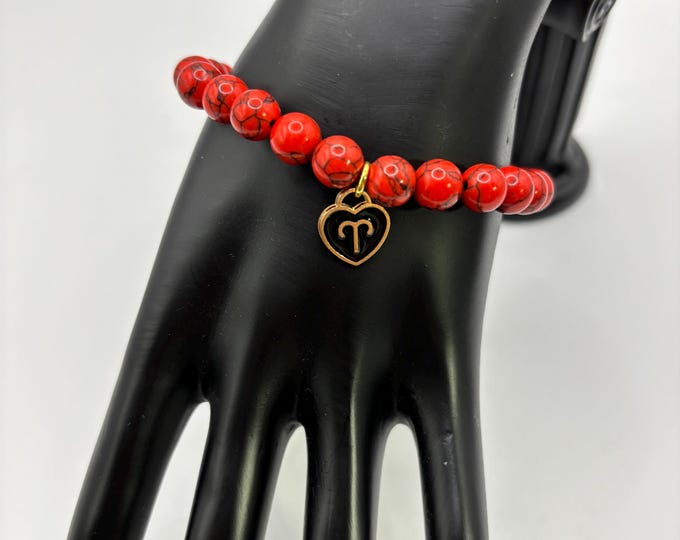 Zodiac Aries Gemstone Bracelet | Aries Red Howlite Bracelet  | Stretch Bracelet