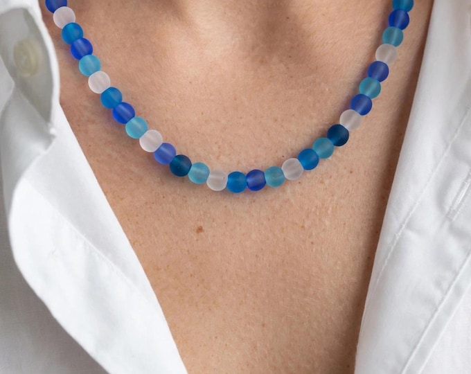 Shades of  Blue Seaglass Necklace | Seaglass Necklace | 6mm Beads | Statement Necklace