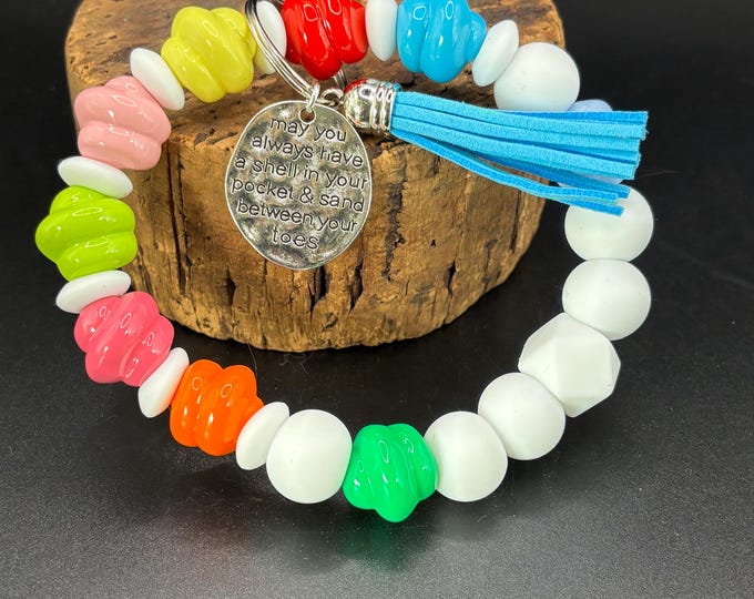 Beach Theme  Beaded Wristlet Keychain  | Keychain with Silicone and Toes in the Sand Charm | Keychain | Key Fob | Wristlet | Cruise